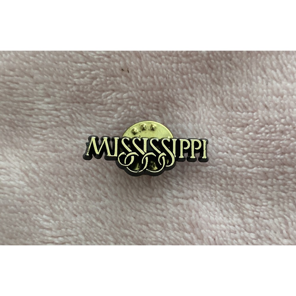 VTG Lapel Pinback Hat Jacket Pin Black Plastic Mississippi Gold Lettering Travel